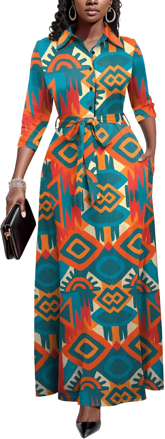 Runwind Womens Maxi Dress 3\/4 Sleeve Button Down Church Dress with Pockets | lapel neck tie waist long dress with belt\/ casual bussiness office dress\/ elegant for wedding guest, dinner party