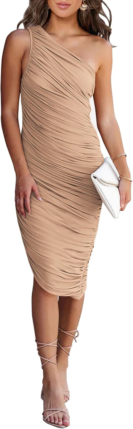 PRETTYGARDEN One Shoulder Midi Dresses for Women Summer | Stretchy Lightweight Mesh, Ruched Asymmetrical, Fitted Bodycon, Elegant Dress for Wedding Guest, Cocktail Party, Date Night
