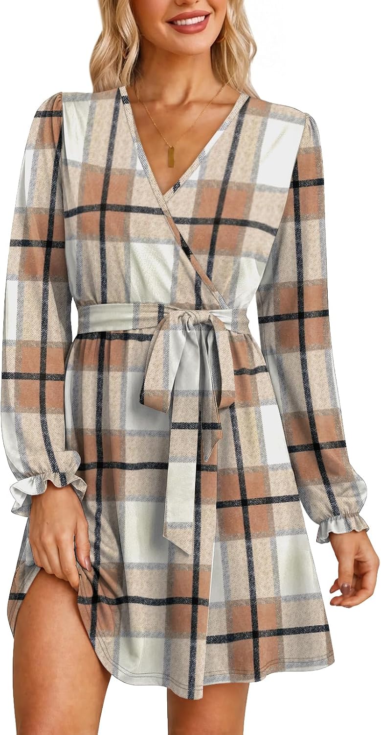 OFEEFAN Womens Wrap V Neck Dress Long Sleeve Belted Fall a Line Dress 2026 | Knee Length Dress,Wedding Guest Dress,Elastic Waist with Belt,Soft Stretch Fabric,Dressy Casual,Solid Floral Prints