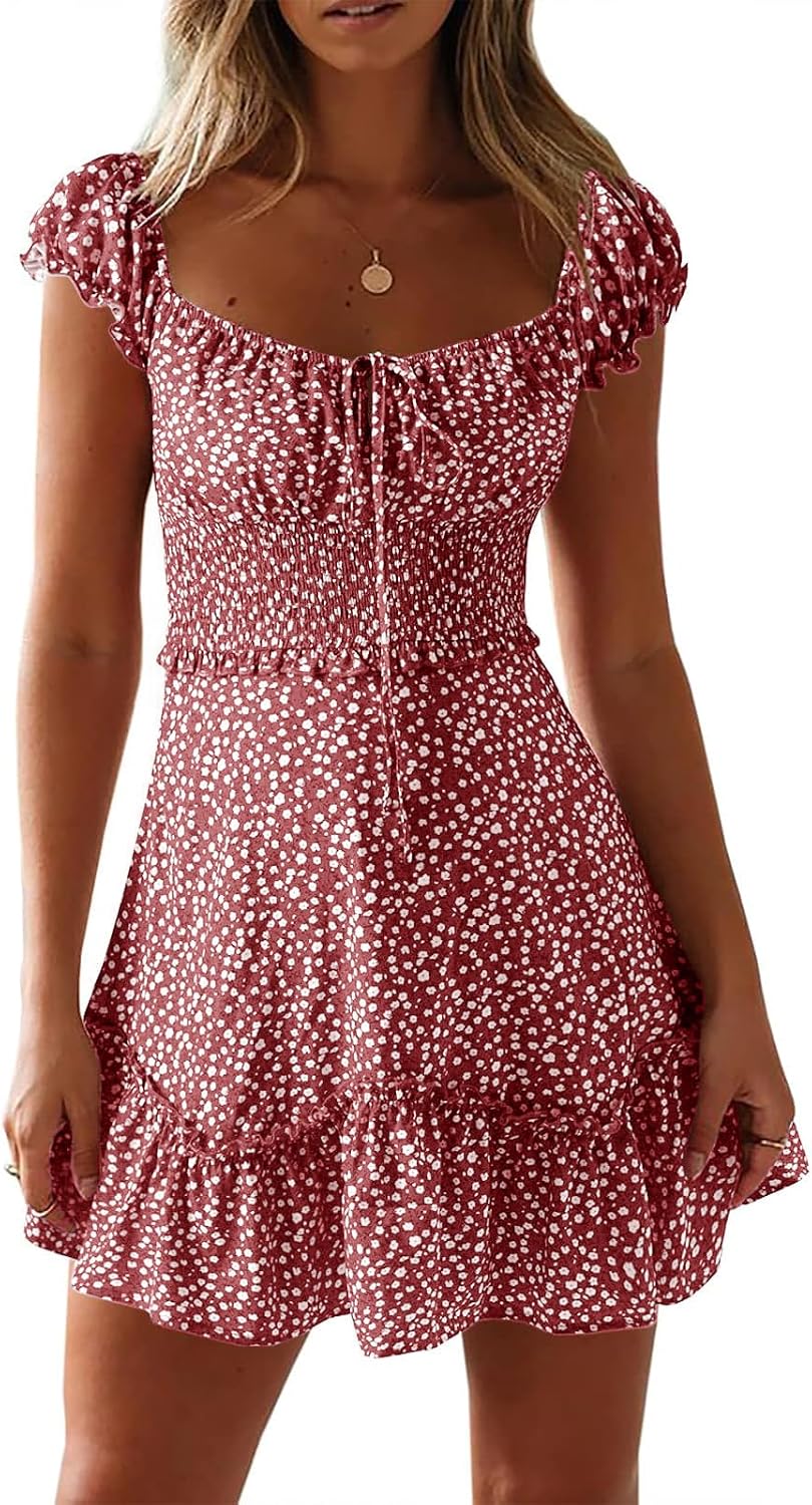 Womens Summer Floral Sundress Ruffle Sleeve Sweetheart Short Mini Dresses | Sun Dress, Sexy, Flowy, Print, Smocked Waist, Western Boho, Beach, Date Night, Country Concert