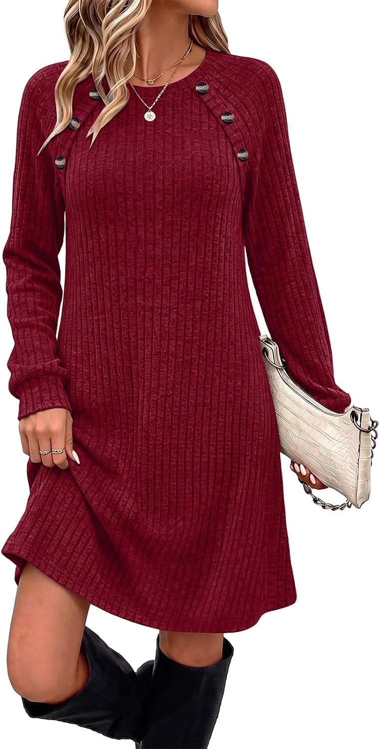 OFEEFAN Fall Dresses for Women 2026 Long Sleeve Dress with Pockets | Button Detail, Teacher Outfits, Early Fall Fashion, Ribbed, Lightweight, Winter Clothing