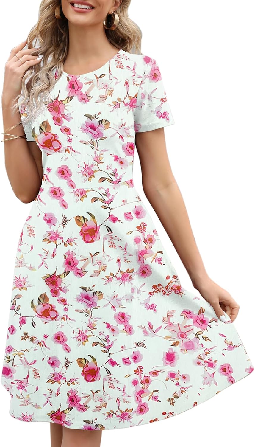 Women's Elegant Knee Length Dresses Vintage Summer Office Casual Floral Print Work Party A-Line Swing Dress with Pockets 162