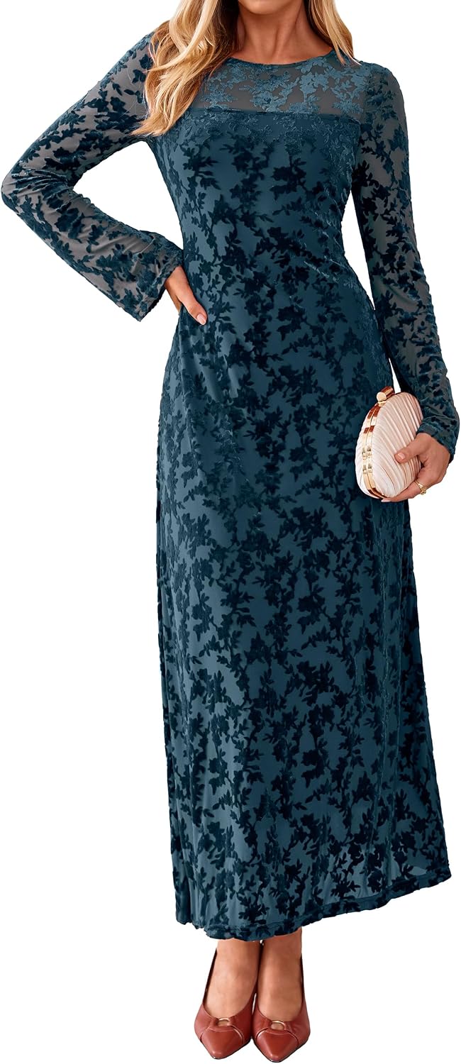 Simplee Womens Velvet Long Sleeve Fall Formal Wedding Guest Maxi Dress | Burnout Velvet Floral, Stretch Mesh Fabric, Long Bell Sleeve,Winter Holiday, Elegant Cocktail Party Dress
