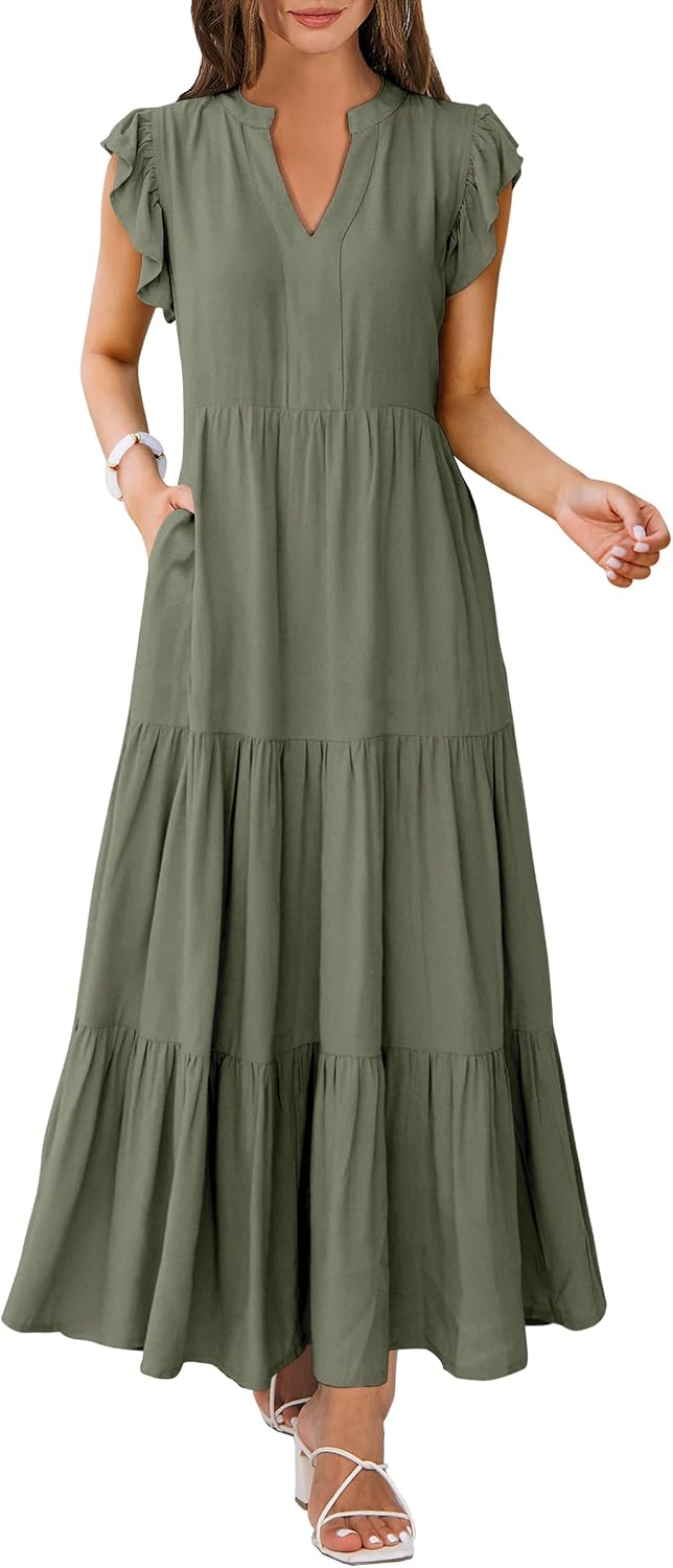 ANRABESS Womens Summer Dress Ruffle Sleeve V Neck Vacation Maxi Dresses | Flowy Tiered Boho Beach Sundress, Casual Fit Long Dress with Pockets, Soft Fashion Work Outfits 2026