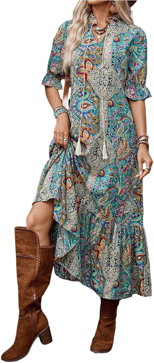 GORGLITTER Women's Western Cowgirl Country 3\/4 Sleeve Maxi Dresses Outfit | Western Dresses to Wear with Boots, Boho Hawaiian Dress, Western Wear for Women, Cowgirl