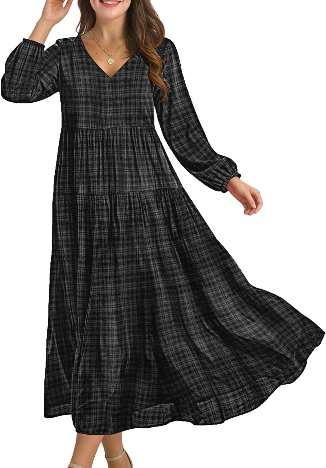 YESNO Women Fall Casual Maxi Dresses Long Lantern Sleeve EVFP2 | V Neck, long sleeve, tiered skirt, flowy beach vacation outfits, spring fall maxi dress with pockets, strap tie