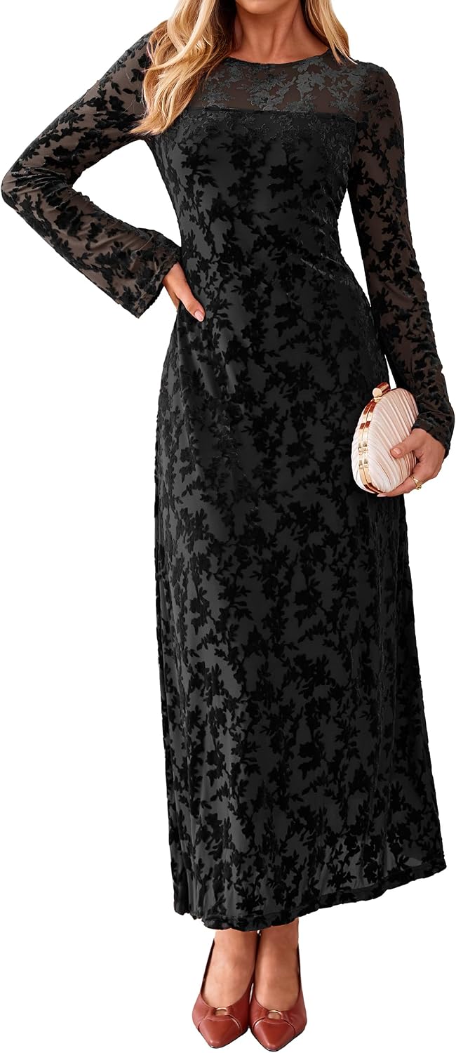 Simplee Womens Velvet Long Sleeve Fall Formal Wedding Guest Maxi Dress | Burnout Velvet Floral, Stretch Mesh Fabric, Long Bell Sleeve,Winter Holiday, Elegant Cocktail Party Dress