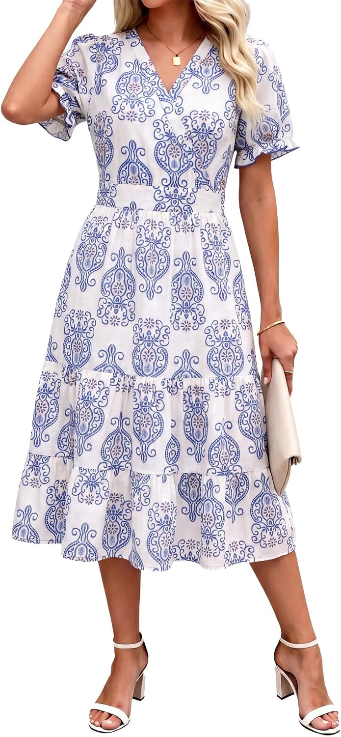 OLICE Summer Dresses Midi Dress V Neck Puffy Short Sleeve Flowy Casual Vacation Beach Sundresses 2026 with Pockets