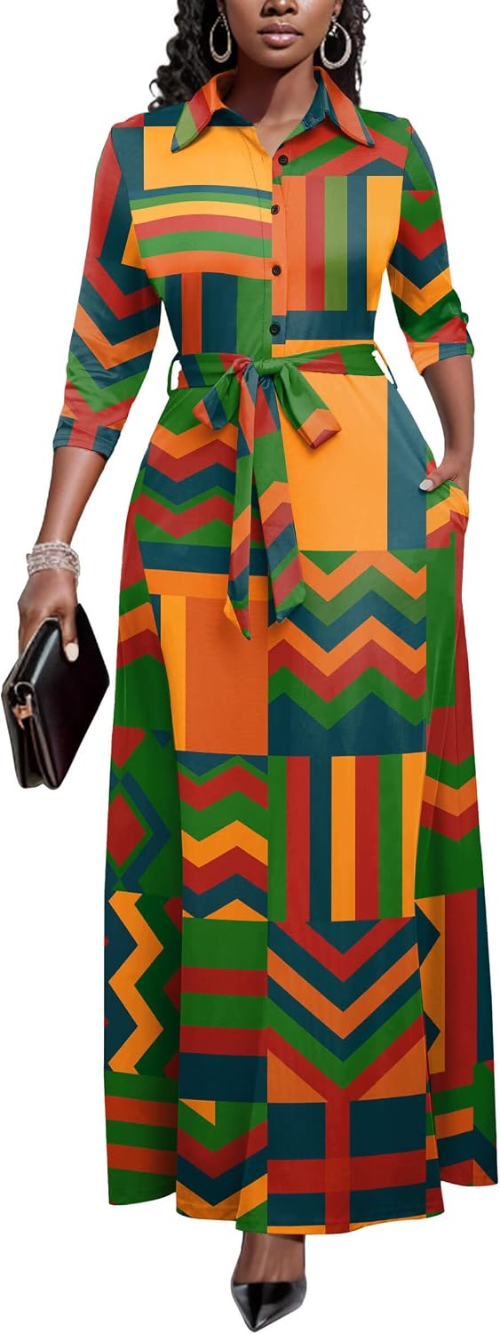 Runwind Womens Maxi Dress 3\/4 Sleeve Button Down Church Dress with Pockets | lapel neck tie waist long dress with belt\/ casual bussiness office dress\/ elegant for wedding guest, dinner party