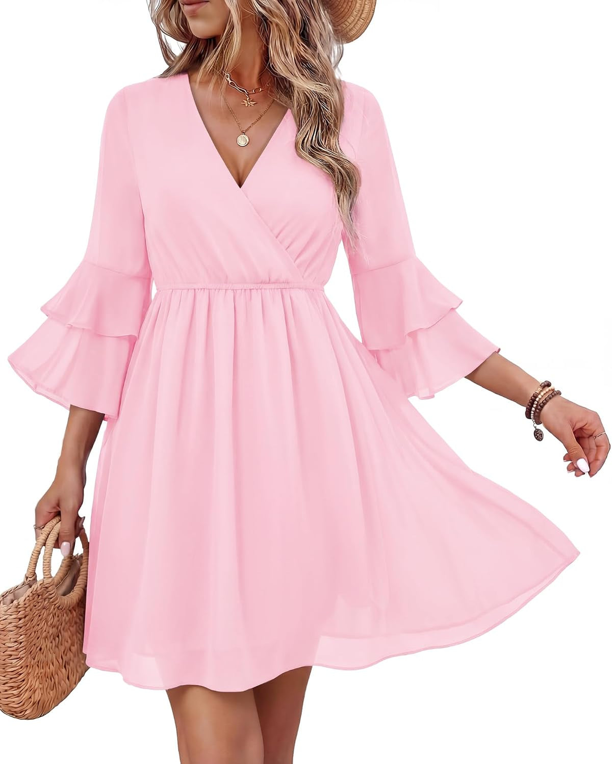 Bebonnie Womens 3\/4 Ruffle Sleeve Spring Summer Casual V Neck Flowy Chiffon Layers Dresses