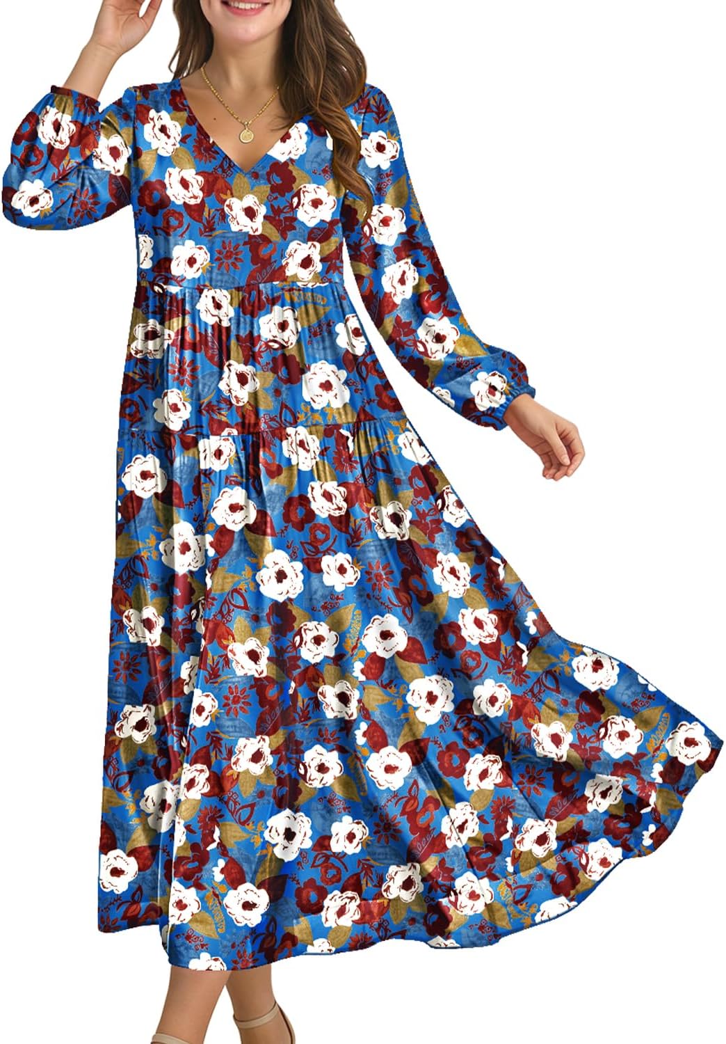 YESNO Women Fall Casual Maxi Dresses Long Lantern Sleeve EVFP2 | V Neck, long sleeve, tiered skirt, flowy beach vacation outfits, spring fall maxi dress with pockets, strap tie