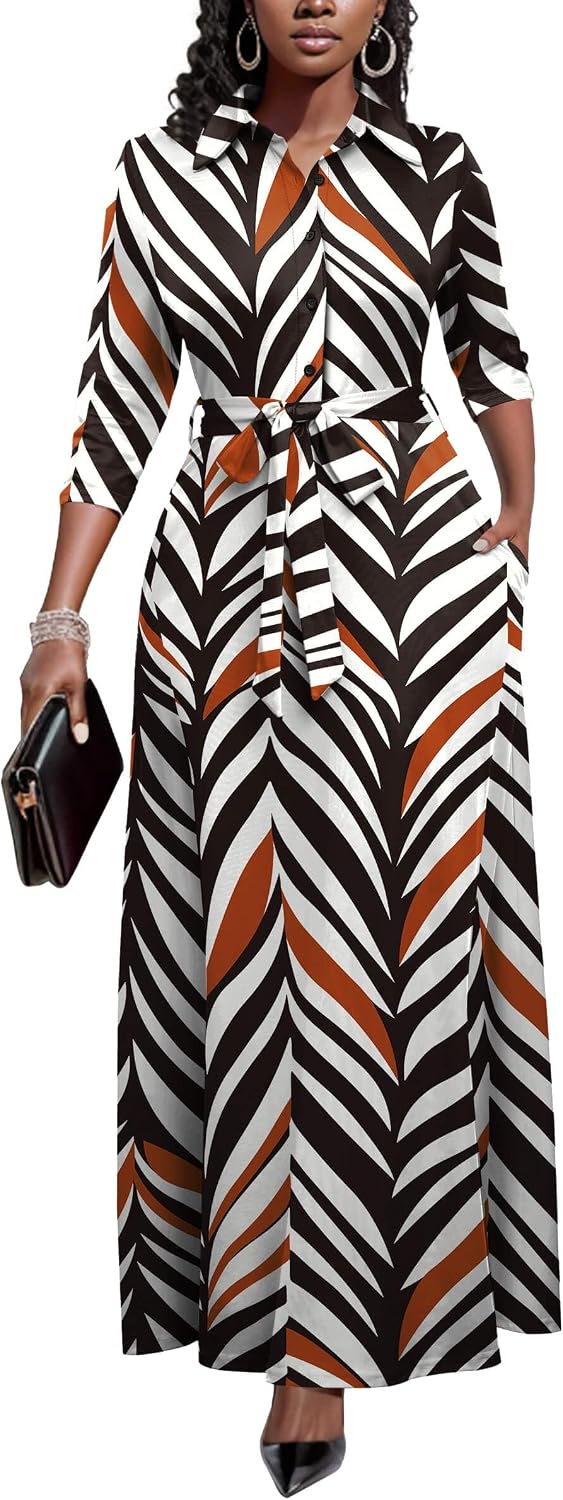 Runwind Womens Maxi Dress 3\/4 Sleeve Button Down Church Dress with Pockets | lapel neck tie waist long dress with belt\/ casual bussiness office dress\/ elegant for wedding guest, dinner party