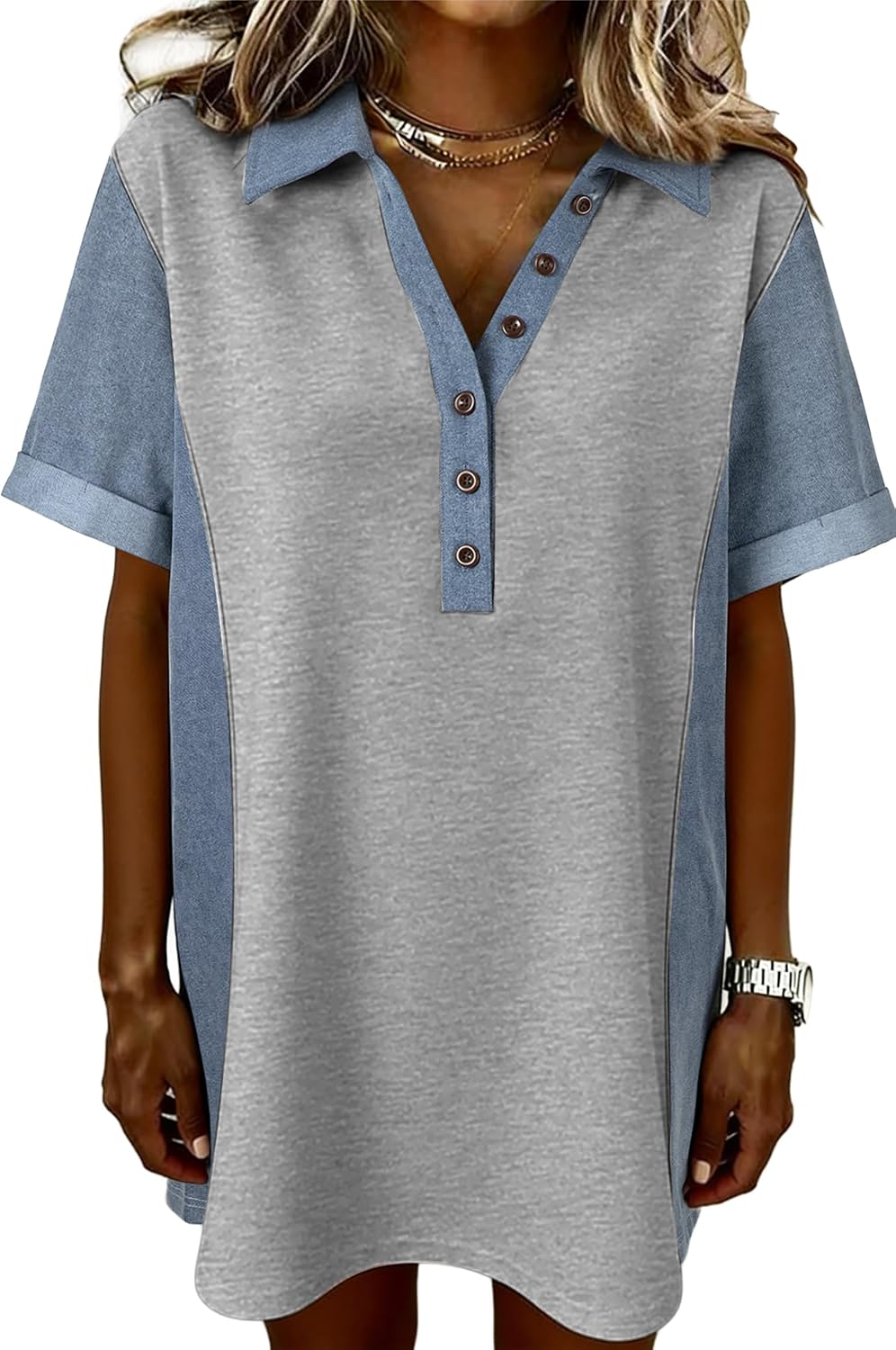 SELINK Patchwork Denim Dress for Women Cute Polo T-Shirt Dress | Short Sleeve Polo Dresses with Collar,Ladies Ribbed Knit Jean Dress,Button Up Summer Dress,Perfect for Casual Daily Wear