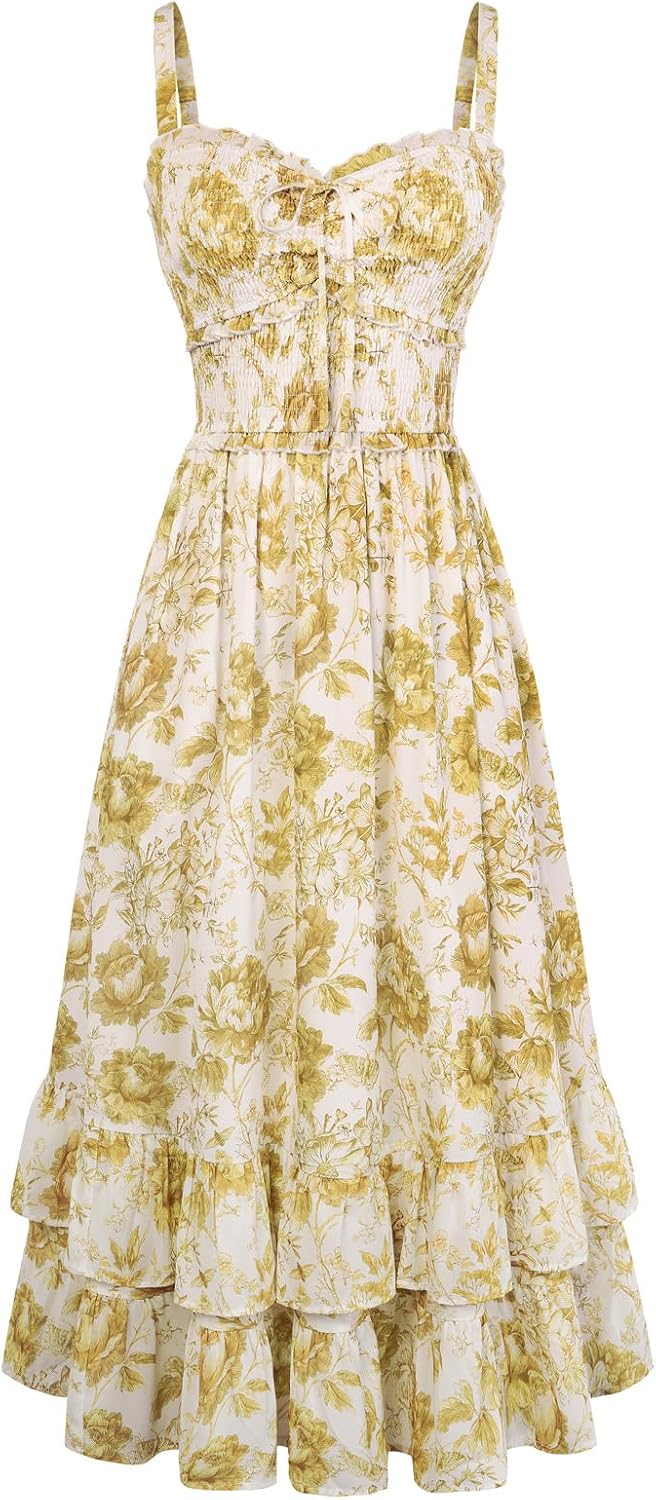 Scarlet Darkness Women's Floral Dress Smocked Sundress with Pockets | Cottagecore Milkmaid Summer Spring Dresses, A line, Flowy, Ankle Length, for Casual, Vacation, Wedding Guest, Tea Party
