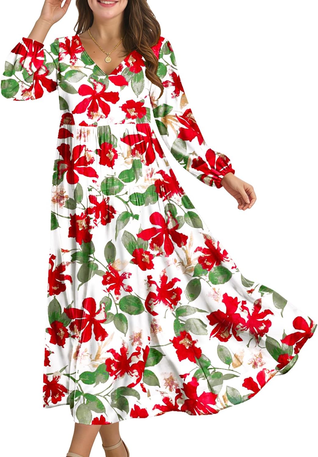 YESNO Women Fall Casual Maxi Dresses Long Lantern Sleeve EVFP2 | V Neck, long sleeve, tiered skirt, flowy beach vacation outfits, spring fall maxi dress with pockets, strap tie