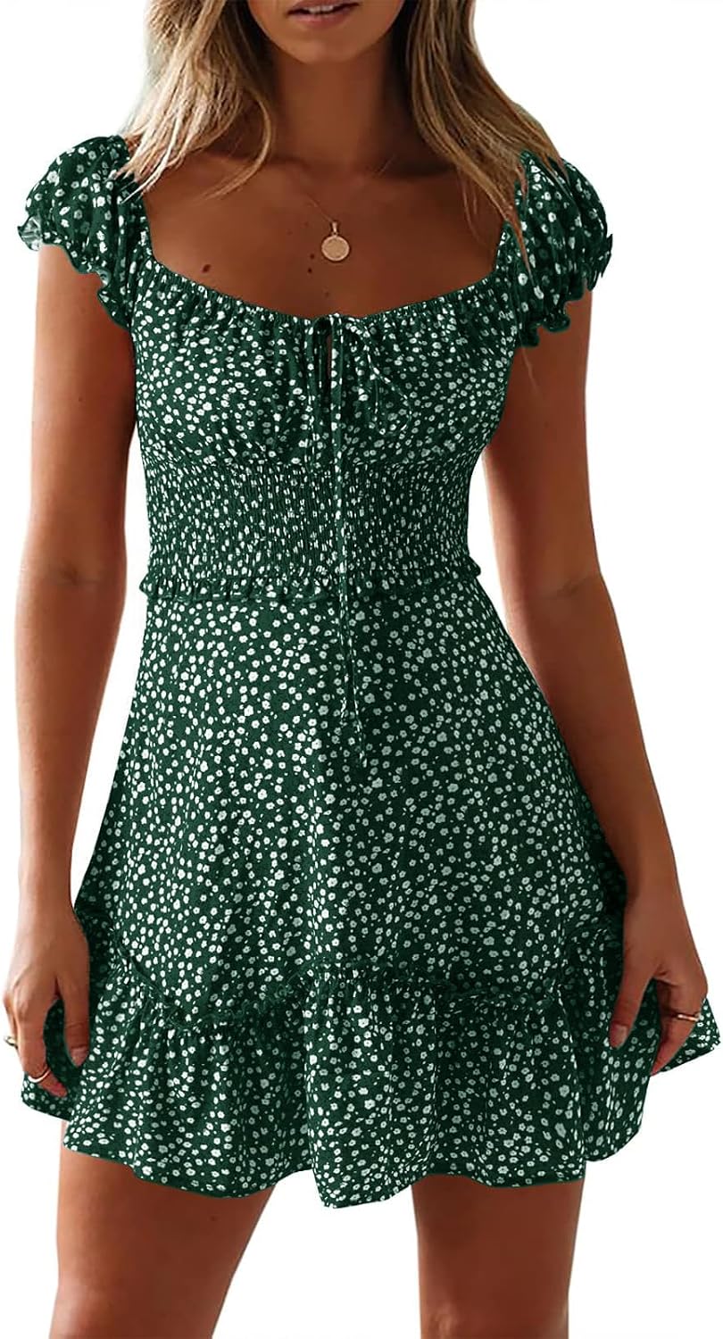 Womens Summer Floral Sundress Ruffle Sleeve Sweetheart Short Mini Dresses | Sun Dress, Sexy, Flowy, Print, Smocked Waist, Western Boho, Beach, Date Night, Country Concert
