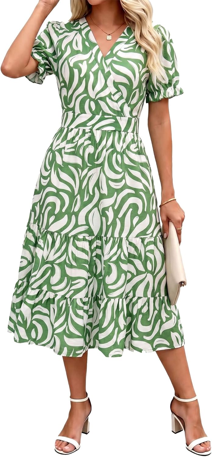 OLICE Summer Dresses Midi Dress V Neck Puffy Short Sleeve Flowy Casual Vacation Beach Sundresses 2026 with Pockets