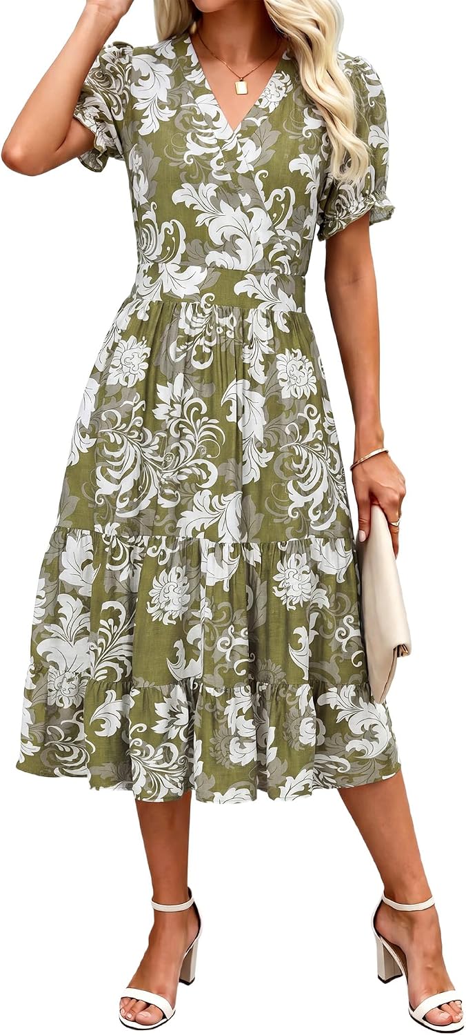 OLICE Summer Dresses Midi Dress V Neck Puffy Short Sleeve Flowy Casual Vacation Beach Sundresses 2026 with Pockets