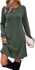 OFEEFAN Fall Dresses for Women 2026 Long Sleeve Dress with Pockets | Button Detail, Teacher Outfits, Early Fall Fashion, Ribbed, Lightweight, Winter Clothing