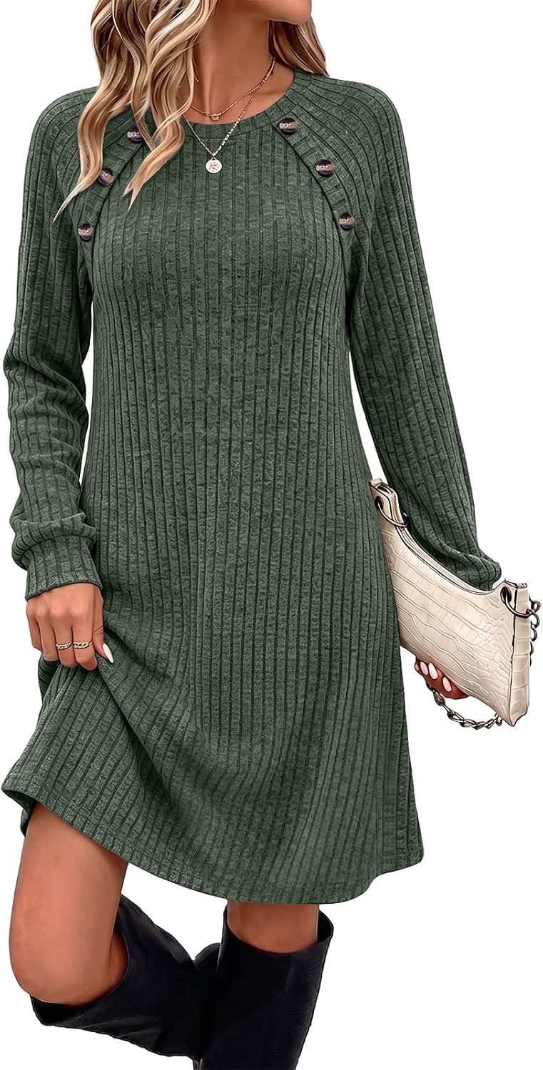 OFEEFAN Fall Dresses for Women 2026 Long Sleeve Dress with Pockets | Button Detail, Teacher Outfits, Early Fall Fashion, Ribbed, Lightweight, Winter Clothing