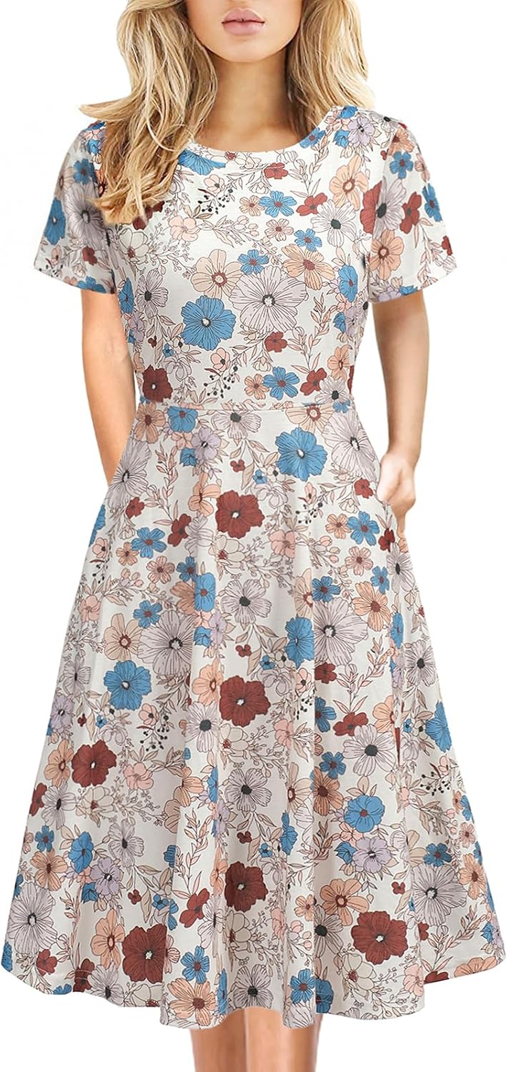 Women's Elegant Knee Length Dresses Vintage Summer Office Casual Floral Print Work Party A-Line Swing Dress with Pockets 162