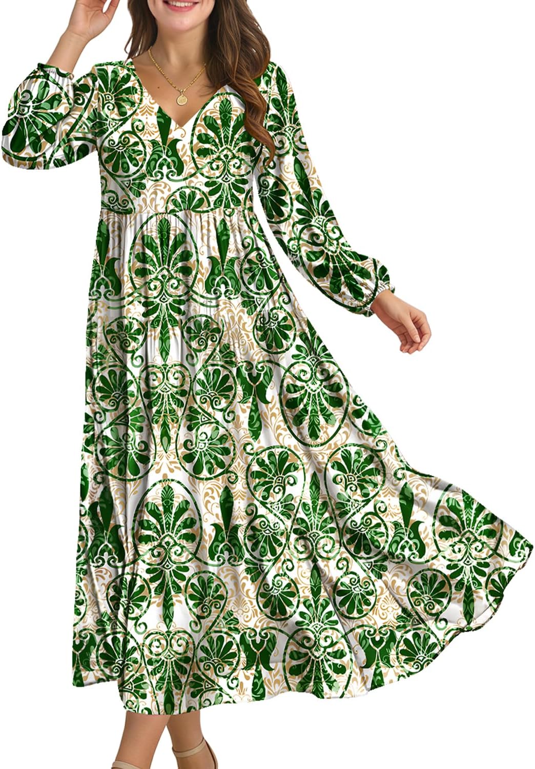 YESNO Women Fall Casual Maxi Dresses Long Lantern Sleeve EVFP2 | V Neck, long sleeve, tiered skirt, flowy beach vacation outfits, spring fall maxi dress with pockets, strap tie