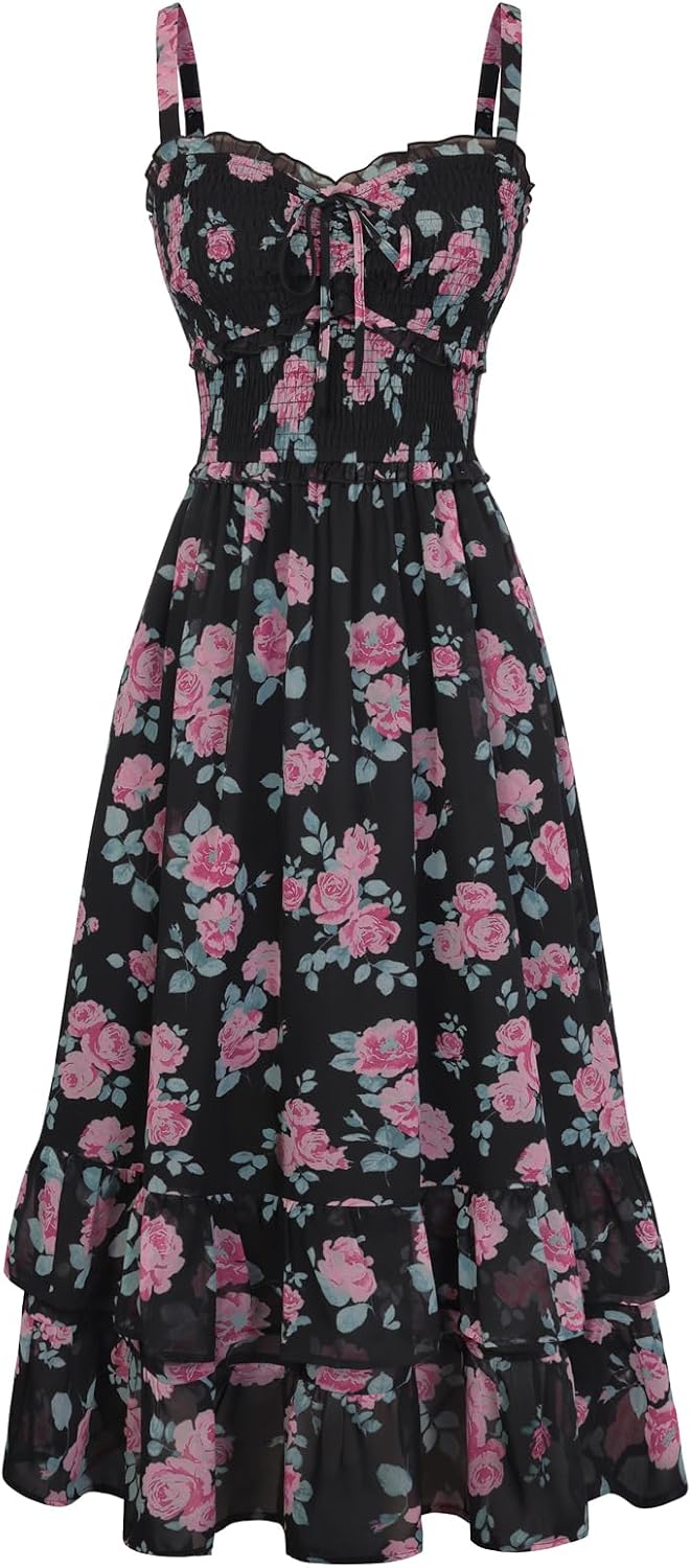 Scarlet Darkness Women's Floral Dress Smocked Sundress with Pockets | Cottagecore Milkmaid Summer Spring Dresses, A line, Flowy, Ankle Length, for Casual, Vacation, Wedding Guest, Tea Party
