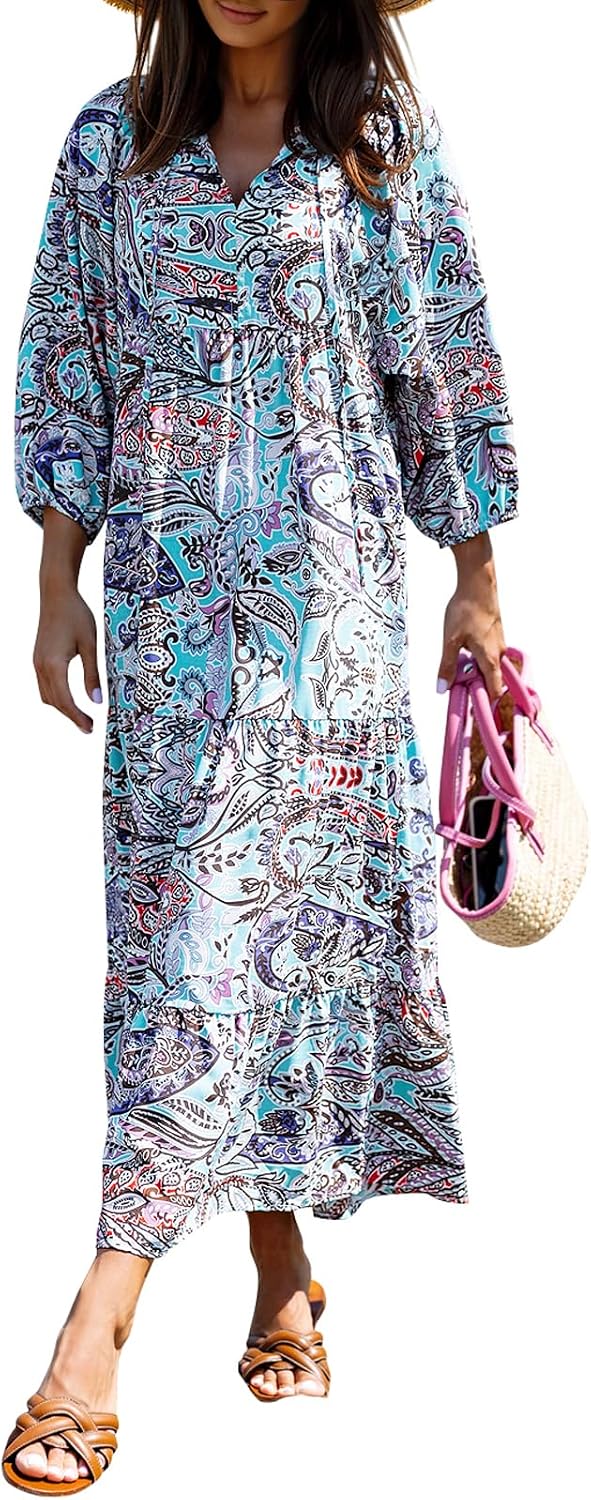 miduo Womens Casual V Neck Half Sleeve Bohemian Geometric Maxi Long Dresses | Loose Fit Beach Summer V Neck Half Sleeve Bohemian Maxi Long Dresses Boho Resortwear Holiday