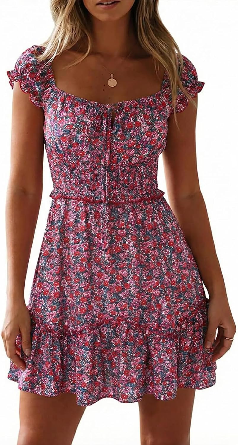 Womens Summer Floral Sundress Ruffle Sleeve Sweetheart Short Mini Dresses | Sun Dress, Sexy, Flowy, Print, Smocked Waist, Western Boho, Beach, Date Night, Country Concert