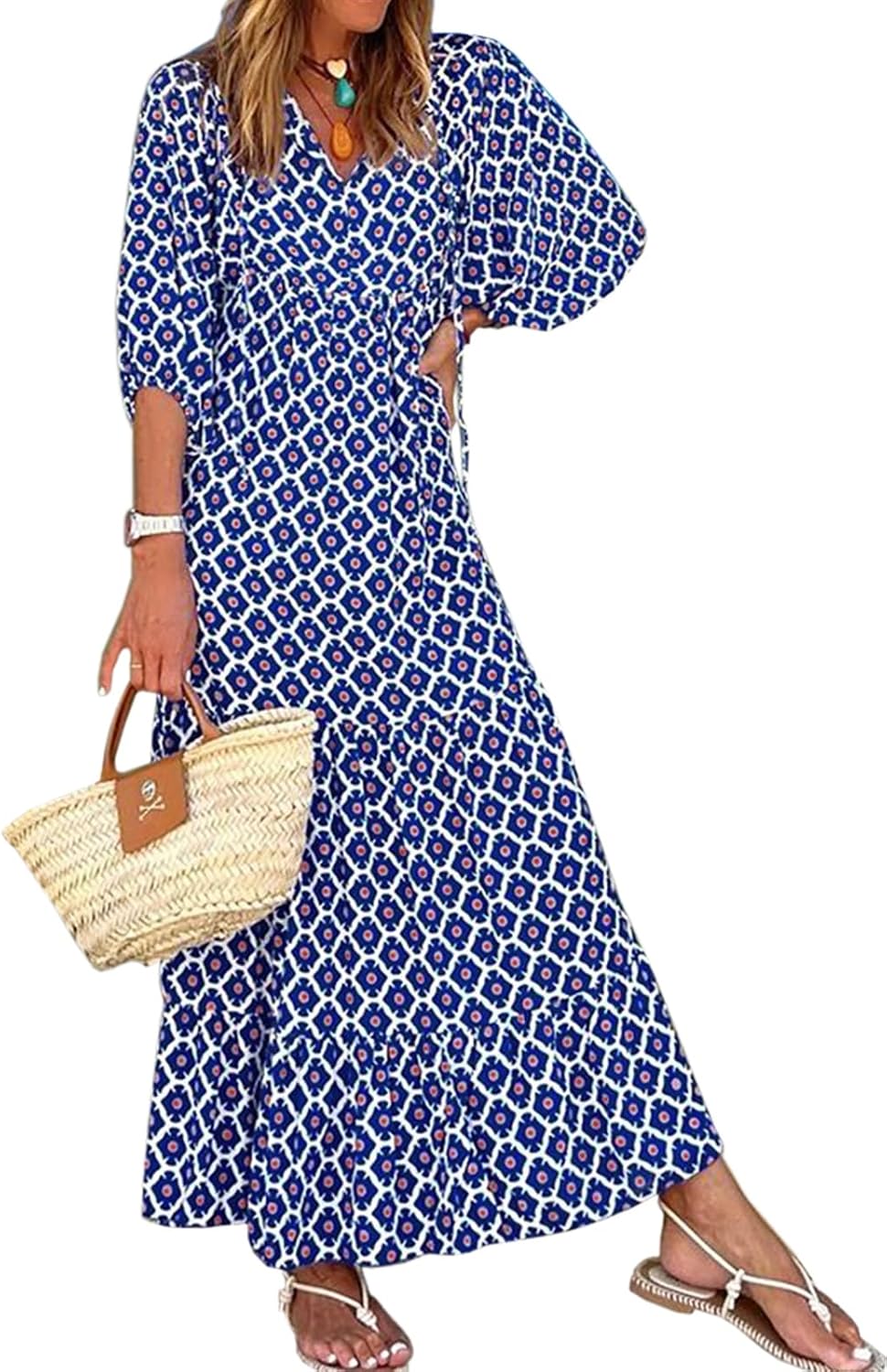 miduo Womens Casual V Neck Half Sleeve Bohemian Geometric Maxi Long Dresses | Loose Fit Beach Summer V Neck Half Sleeve Bohemian Maxi Long Dresses Boho Resortwear Holiday