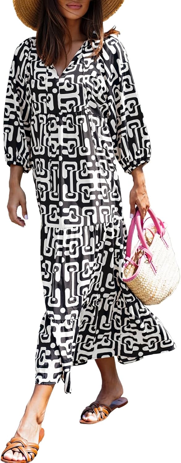 miduo Womens Casual V Neck Half Sleeve Bohemian Geometric Maxi Long Dresses | Loose Fit Beach Summer V Neck Half Sleeve Bohemian Maxi Long Dresses Boho Resortwear Holiday