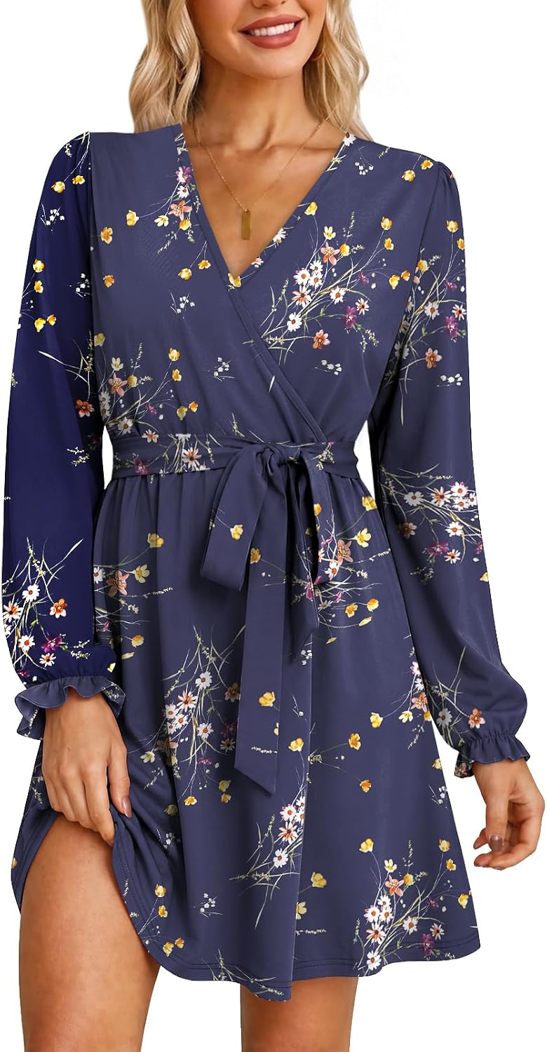 OFEEFAN Womens Wrap V Neck Dress Long Sleeve Belted Fall a Line Dress 2026 | Knee Length Dress,Wedding Guest Dress,Elastic Waist with Belt,Soft Stretch Fabric,Dressy Casual,Solid Floral Prints