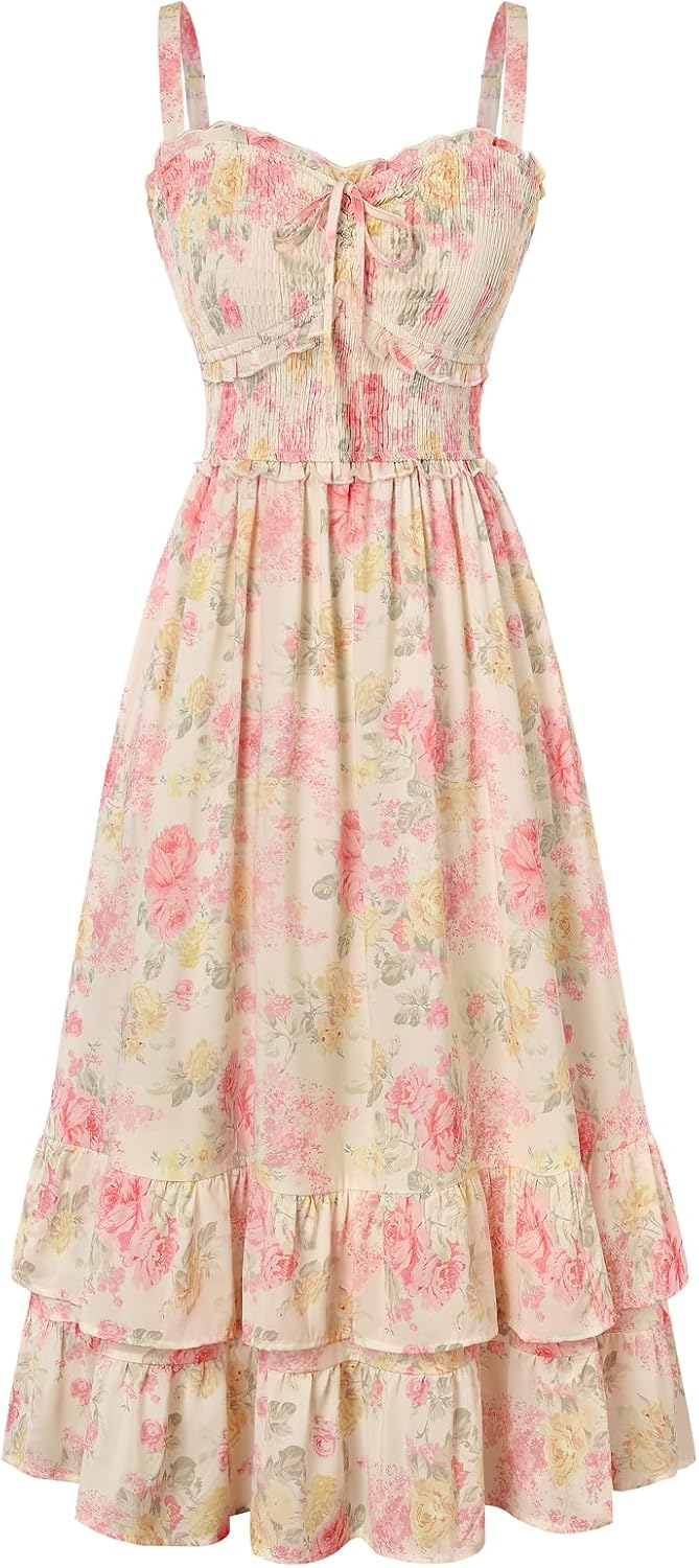 Scarlet Darkness Women's Floral Dress Smocked Sundress with Pockets | Cottagecore Milkmaid Summer Spring Dresses, A line, Flowy, Ankle Length, for Casual, Vacation, Wedding Guest, Tea Party