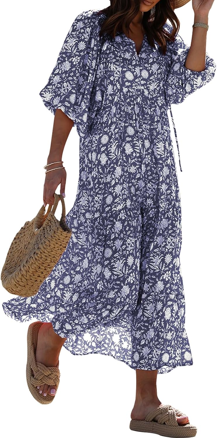 miduo Womens Casual V Neck Half Sleeve Bohemian Geometric Maxi Long Dresses | Loose Fit Beach Summer V Neck Half Sleeve Bohemian Maxi Long Dresses Boho Resortwear Holiday