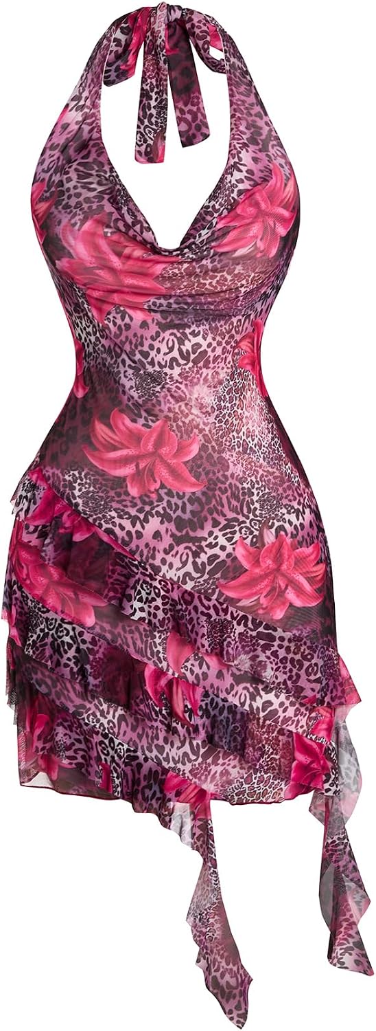 Floerns Women's Cheetah Draped Halter Mini Dress Tiered Ruffle Club Outfits | Backless, Leopard, Y2K, Rave Festival, Concert Outfits, Going Out Dresses