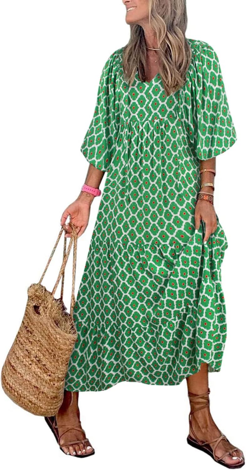 miduo Womens Casual V Neck Half Sleeve Bohemian Geometric Maxi Long Dresses | Loose Fit Beach Summer V Neck Half Sleeve Bohemian Maxi Long Dresses Boho Resortwear Holiday