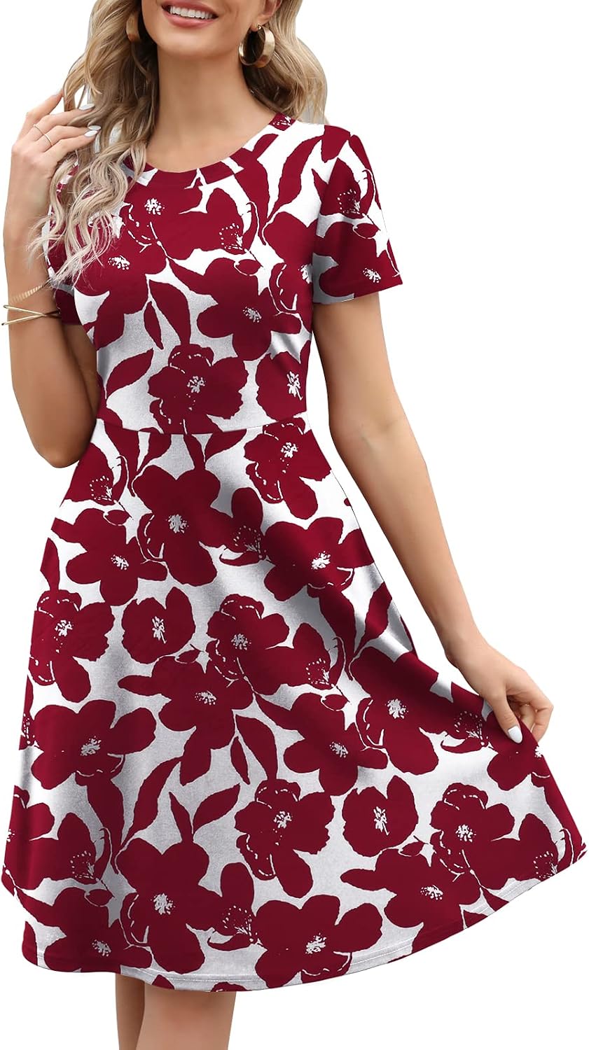 Women's Elegant Knee Length Dresses Vintage Summer Office Casual Floral Print Work Party A-Line Swing Dress with Pockets 162