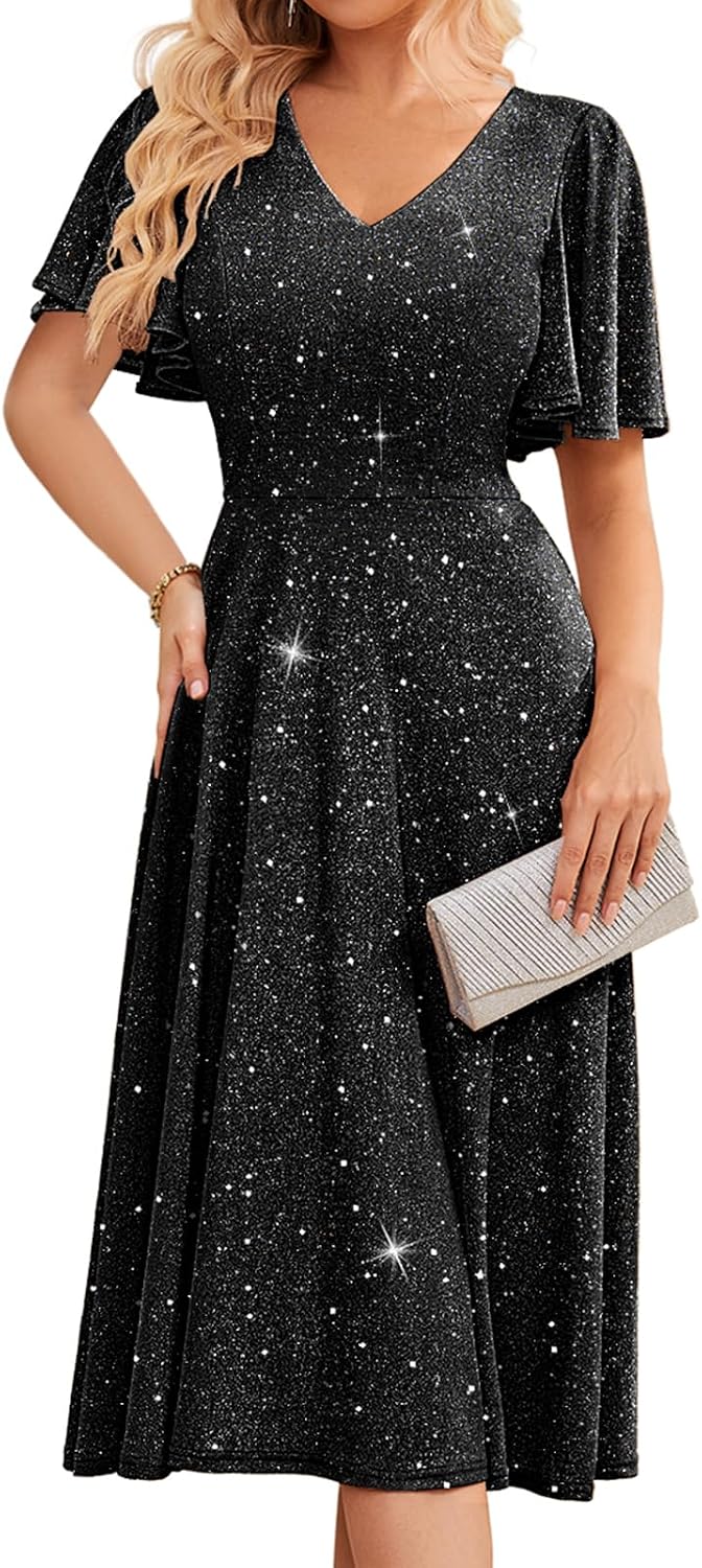 Bridesmay Women's Formal Wedding Guest Dress for Women 2026 Short Sleeve Fit and Flare Tea Party Dresses