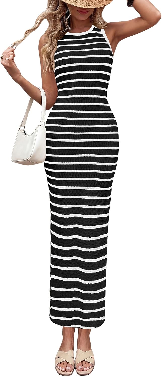 PRETTYGARDEN Women's Summer Striped Bodycon Maxi Dress | Ribbed Knit Tank Dress, Sleeveless Sundresses, Crew Neck, Side Slit, Slim Fitted, Date Night Party, Beach Vacation Outfits