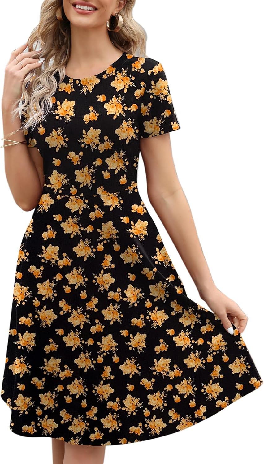 Women's Elegant Knee Length Dresses Vintage Summer Office Casual Floral Print Work Party A-Line Swing Dress with Pockets 162