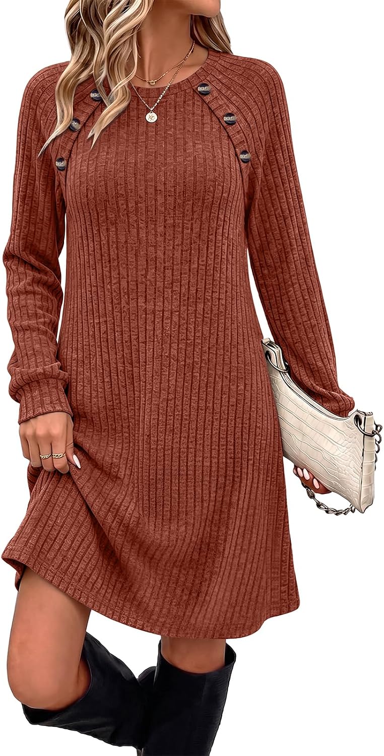 OFEEFAN Fall Dresses for Women 2026 Long Sleeve Dress with Pockets | Button Detail, Teacher Outfits, Early Fall Fashion, Ribbed, Lightweight, Winter Clothing