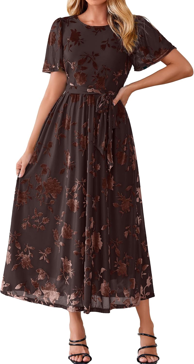 Simplee Womens Semi Formal Fall Wedding Guest Velvet Burnout Maxi Dress | Casual Crew Neck, Flutter Short Sleeve, Tie Waist, Flowy A Line, Bridal Shower, Winter Holiday, Garden Party