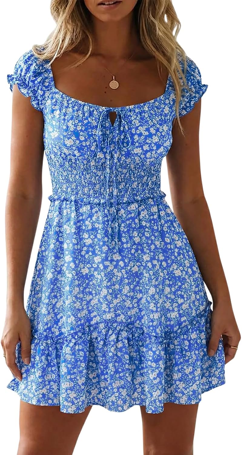 Womens Summer Floral Sundress Ruffle Sleeve Sweetheart Short Mini Dresses | Sun Dress, Sexy, Flowy, Print, Smocked Waist, Western Boho, Beach, Date Night, Country Concert