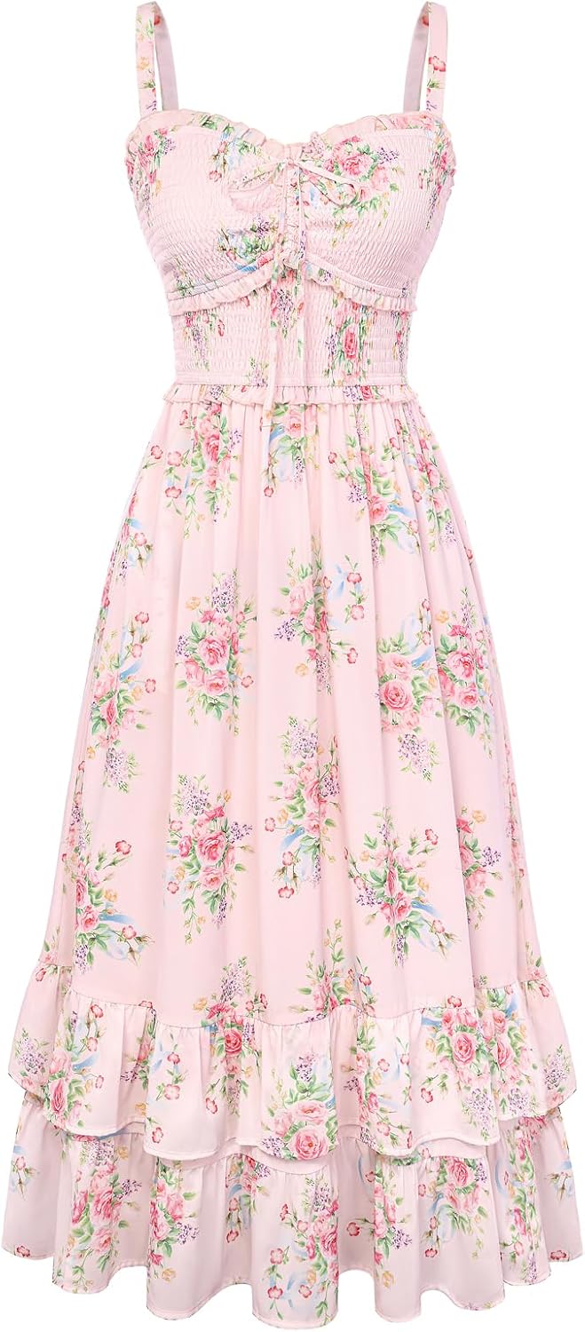 Scarlet Darkness Women's Floral Dress Smocked Sundress with Pockets | Cottagecore Milkmaid Summer Spring Dresses, A line, Flowy, Ankle Length, for Casual, Vacation, Wedding Guest, Tea Party