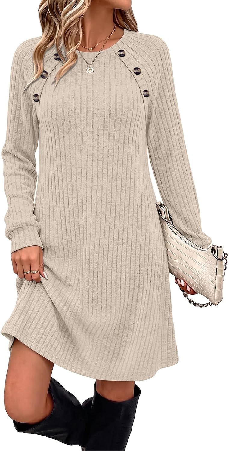 OFEEFAN Fall Dresses for Women 2026 Long Sleeve Dress with Pockets | Button Detail, Teacher Outfits, Early Fall Fashion, Ribbed, Lightweight, Winter Clothing