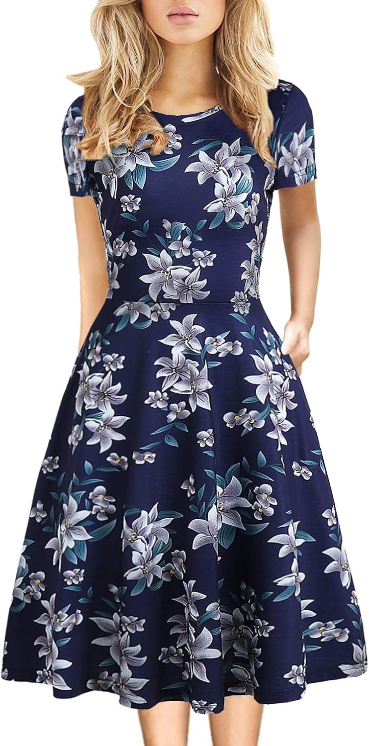 Women's Elegant Knee Length Dresses Vintage Summer Office Casual Floral Print Work Party A-Line Swing Dress with Pockets 162