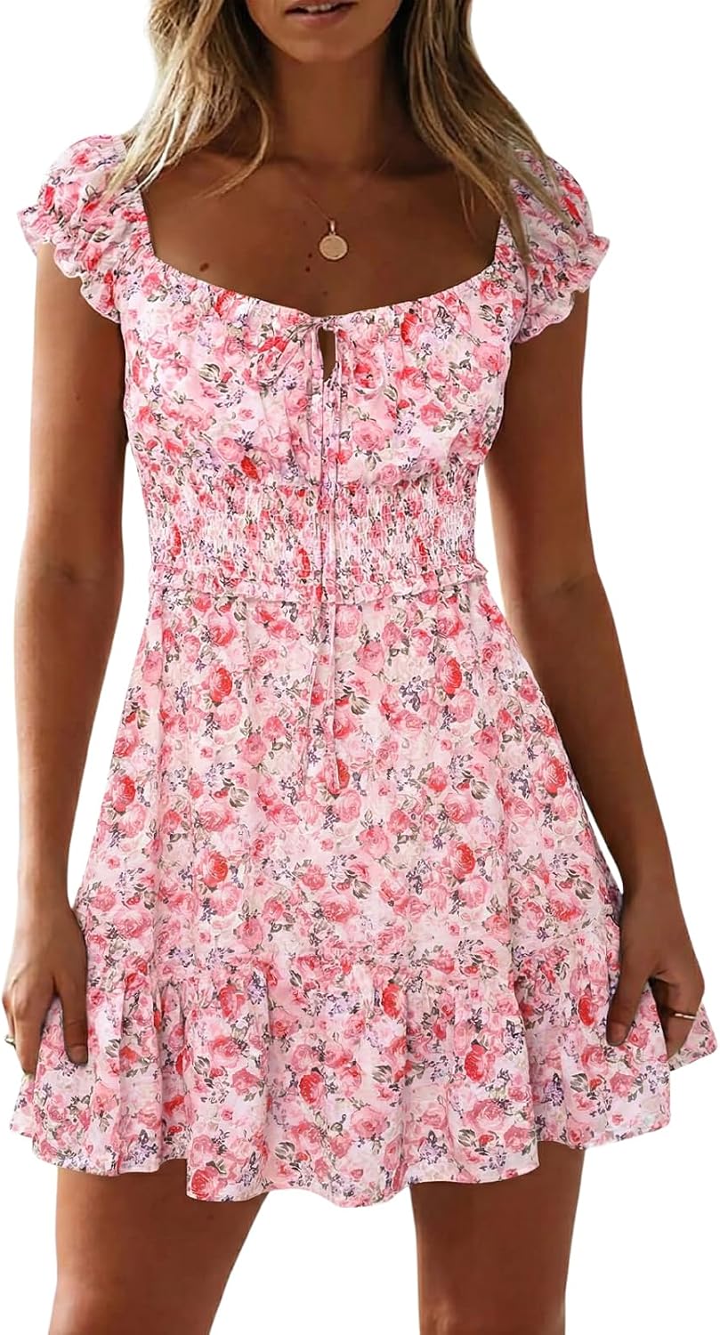 Womens Summer Floral Sundress Ruffle Sleeve Sweetheart Short Mini Dresses | Sun Dress, Sexy, Flowy, Print, Smocked Waist, Western Boho, Beach, Date Night, Country Concert