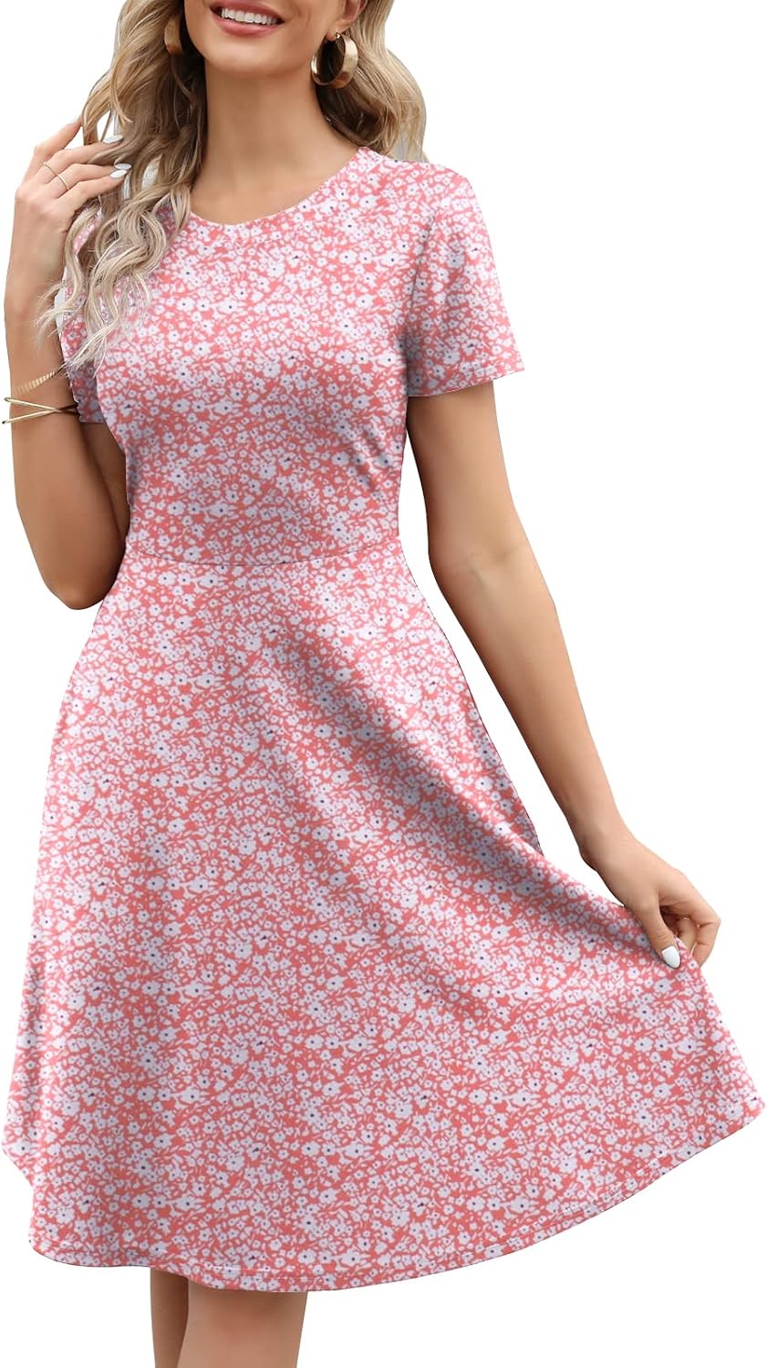 Women's Elegant Knee Length Dresses Vintage Summer Office Casual Floral Print Work Party A-Line Swing Dress with Pockets 162