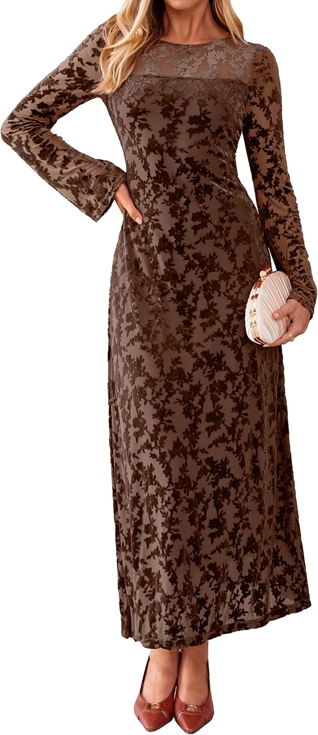 Simplee Womens Velvet Long Sleeve Fall Formal Wedding Guest Maxi Dress | Burnout Velvet Floral, Stretch Mesh Fabric, Long Bell Sleeve,Winter Holiday, Elegant Cocktail Party Dress