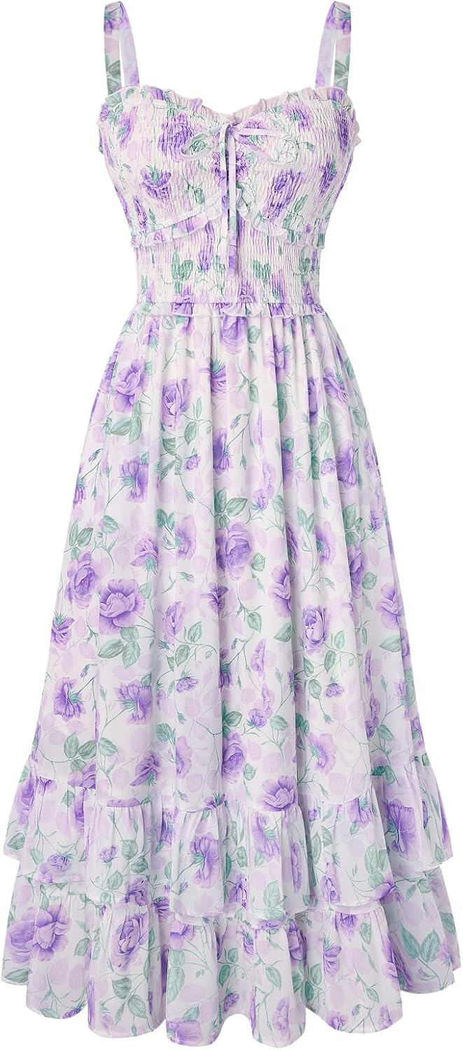 Scarlet Darkness Women's Floral Dress Smocked Sundress with Pockets | Cottagecore Milkmaid Summer Spring Dresses, A line, Flowy, Ankle Length, for Casual, Vacation, Wedding Guest, Tea Party